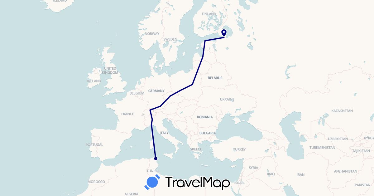 TravelMap itinerary: driving in Switzerland, Czech Republic, Germany, Estonia, Italy, Latvia, Poland, Russia, Tunisia (Africa, Europe)